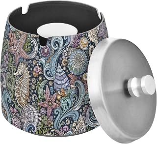 Seahorses Shells Coral Splash Ashtray with Lid, Outdoor Ashtrays for Patio