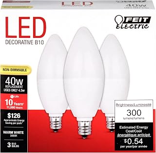 Feit Electric CTF40/10KLED/3 Non-Dimmable Led Bulb, 40 W, 120 Vac, 300 Lumens, 3000 K, CRI >80, 4 in L, 3.9" H x 1.4" D, Warm White, 3 Piece