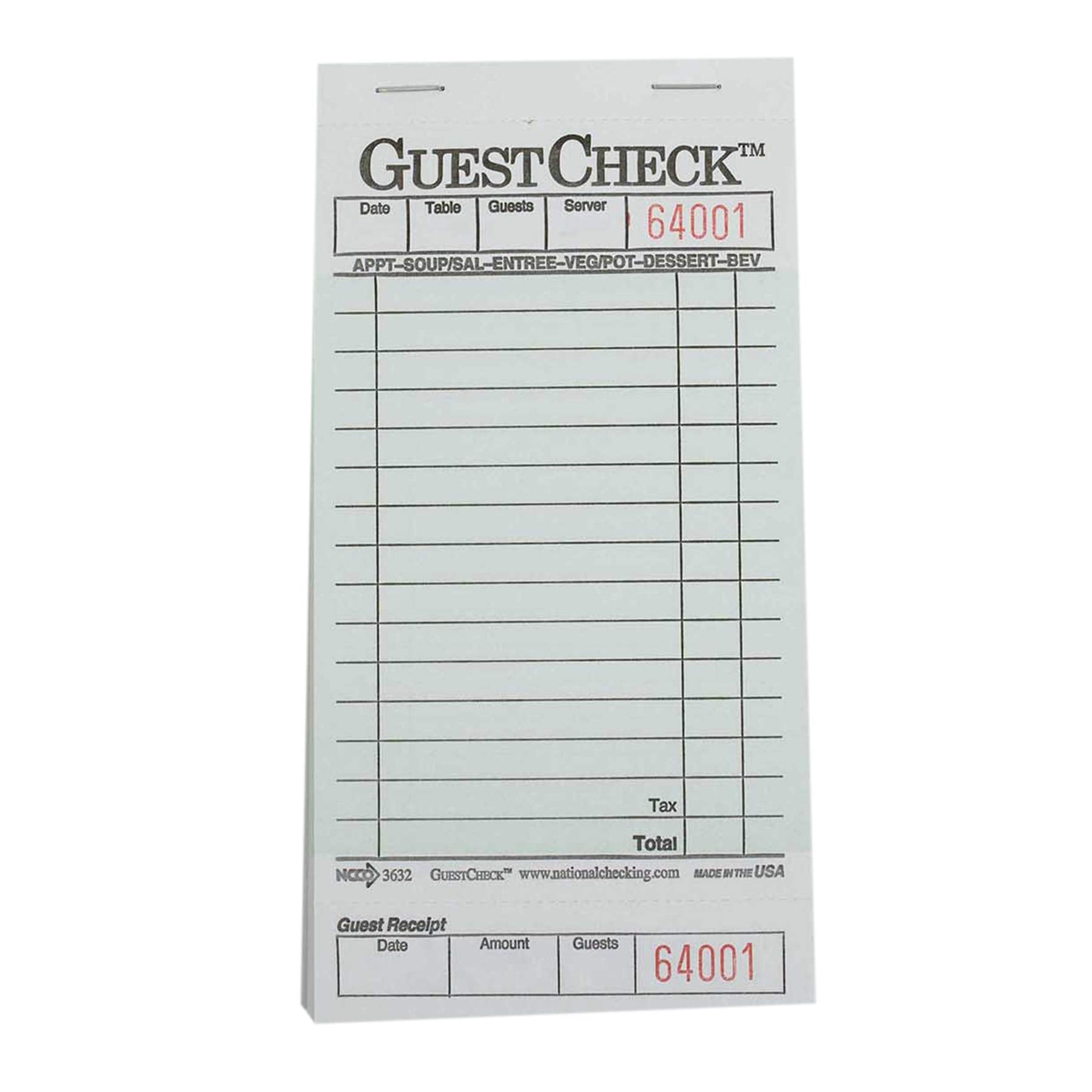 National Checking G3632 Guest Check Pad with Customer Receipt Stub 3 1/2 x 6 3/4 50 Checks/Pad