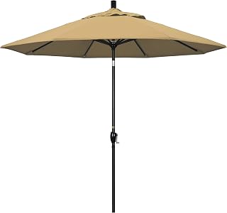 California Umbrella 9' Round Aluminum Market Umbrella, Crank Lift, Push Button Tilt, Black Pole, Champagne Olefin