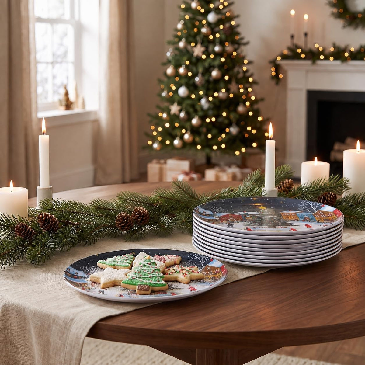 Molidiki Melamine Dinner Plates, 10.5 Inch Round, Snow House Christmas Set of 12