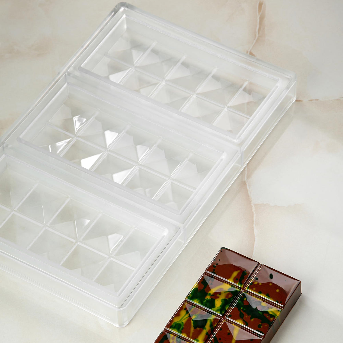 Clear Tritan-Plastic Chocolate Mold ("Dubai" Mold) with 3 Ten-Section Cavities 70mm x 150mm x 20mm High by Pavoni – 70x150mm x 20mm H, Tritan, Clear, Model PC5078