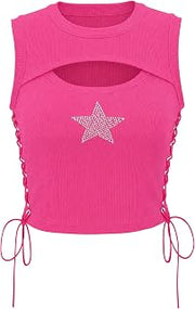 Womens Y2K Gothic Tops Star Sparkly Rhinestone Fitted Crop Tops