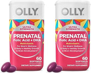OLLY Ultra Strength Prenatal Multivitamin Softgels, Supports Healthy Growth, Brain Development, Iron, Folic Acid, DHA, Vitamins C, E, 30 Day Supply-60 Count (Pack of 2)
