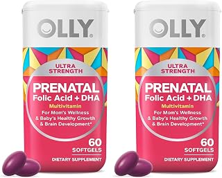 OLLY Ultra Strength Prenatal Multivitamin Softgels, Supports Healthy Growth, Brain Development, Iron, Folic Acid, DHA, Vitamins C, E, 30 Day Supply-60 Count (Pack of 2)