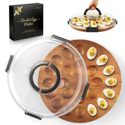 Renmxj Deviled Egg Tray with Lid, Acacia Wood Base, 24 Slots, Black