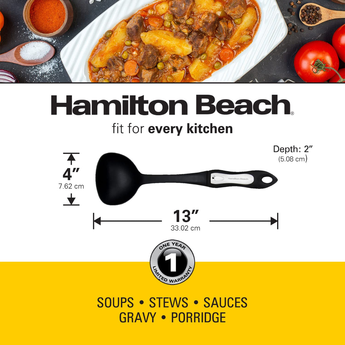 Plastic Ladle Spoon for Cooking | Non-Slip Solid Long Nylon Soft Touch Handle 13 inch | Non-stick Heat Resistant | Hygienic Spatula Spoon Design for Soups by Hamilton Beach –