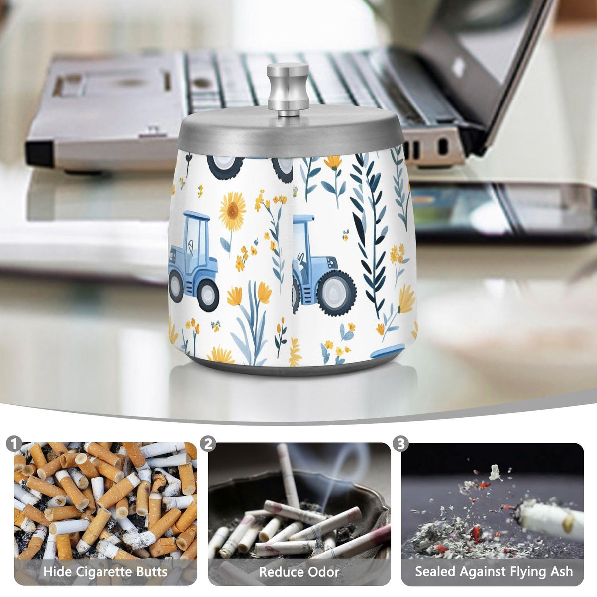 Blue Tractor Sunflower Pattern Splash Ashtray with Lid by ALAZA – Stainless Steel, C4736, Model g541054987p1082c1149s2657