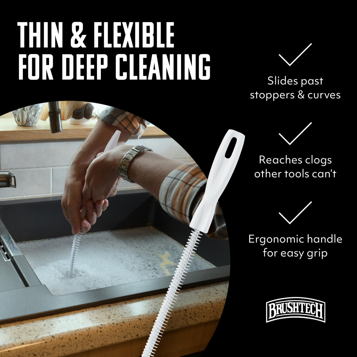 Sink Drain & Overflow Multi-Purpose Cleaning Brush - White by Brushtech – 1" H x 17.5" L x 0.5" W, Poly Bristles, White, Model B135C
