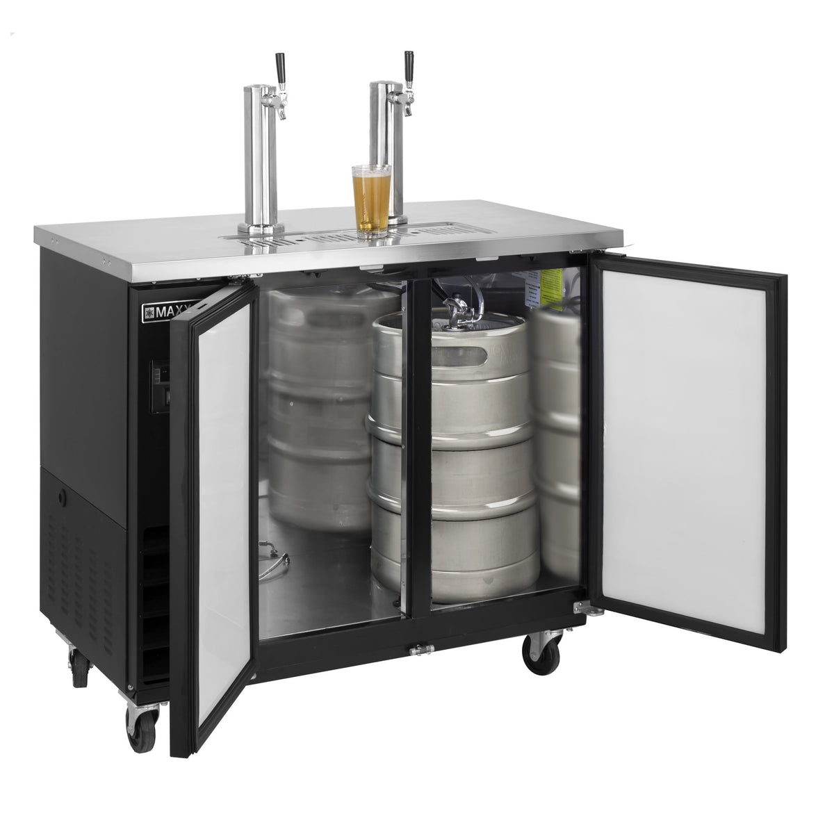 Dual Tower Beer Dispenser by MAXX Cold – 47.5 Inch Wide, 10.5 cubic_feet, Stainless Steel, Black, Model MXBD48-2BHC