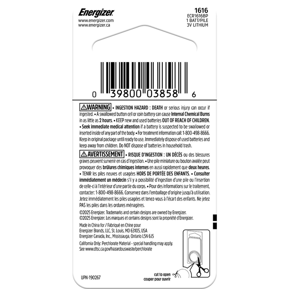 1616 Lithium Coin Battery by Energizer – 1 Count (Pack of 1), Black/Silver, Model ECR1616BP