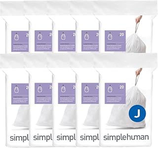 simplehuman Code J 200 Count Custom Fit Liners, Drawstring Kitchen Trash Bags, One-by-One Mess-Free Dispense, Extra Thick & Double Seamed, 50% PCR Plastic, 38-45 Liter / 10-12 Gallon, White