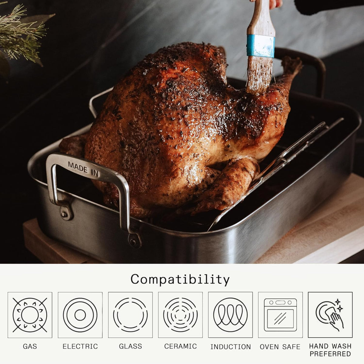 Made In Stainless Roasting Pan With Rack, 18.45 Inch, Silver