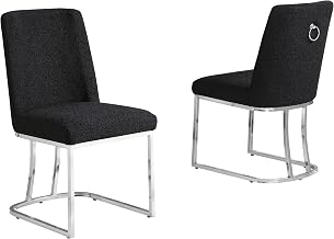 Modern Chairs Set of 2, Chrome Side Chairs & Counter Stools with Ring Pull Back, Luxury Upholstered Chairs for Kitchen Island, Dining Room & Home Bar (Boucle, Black / Silver, Side Chair)