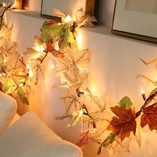 Fall Decorations Lighted Fall Garland, 9FT 50 Count Incandescent Lights Brown Wire UL Certified Connectable Maple Leaves String Lights for Home Fireplace Mantle Thanksgiving Decor