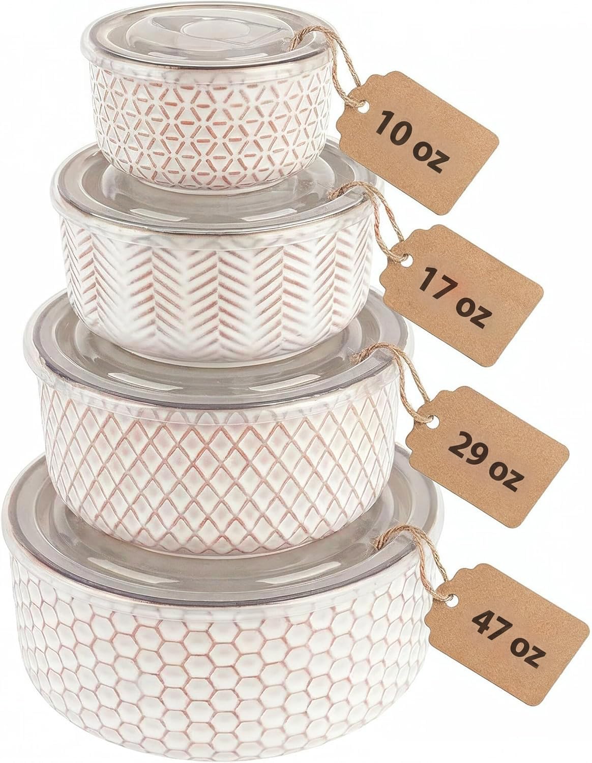 KooK Stoneware Nesting Bowls with Lids, Embossed Ceramic, Set of 4, Ivory