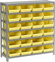 Global Industrial 7 Shelf Steel Shelving with (24) 4" H Plastic Shelf Bins | Gray Frame & Yellow Bins, 36"W x 12"D x 39"H, Industrial or Commercial Storage, Assembly Required