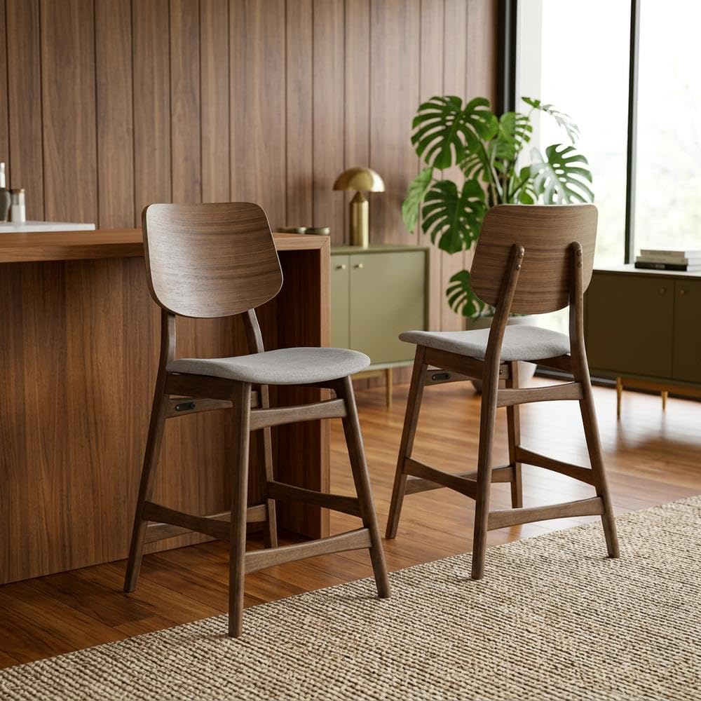 Solid Wood Counter Stools with Upholstered Seat by Starlight Canyon Home – Solid Wood, MDF, Fabric (100% Polyester), Foam, Grey, Pack of 2