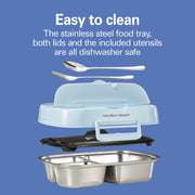 Portable Electric Lunch Box Food Warmer for Office & Car with 12V Adapter by Hamilton Beach – Stainless Steel 3 Compartment Tray, (Pack of 2), 30.0 ounces, Stainless Steel, Blue