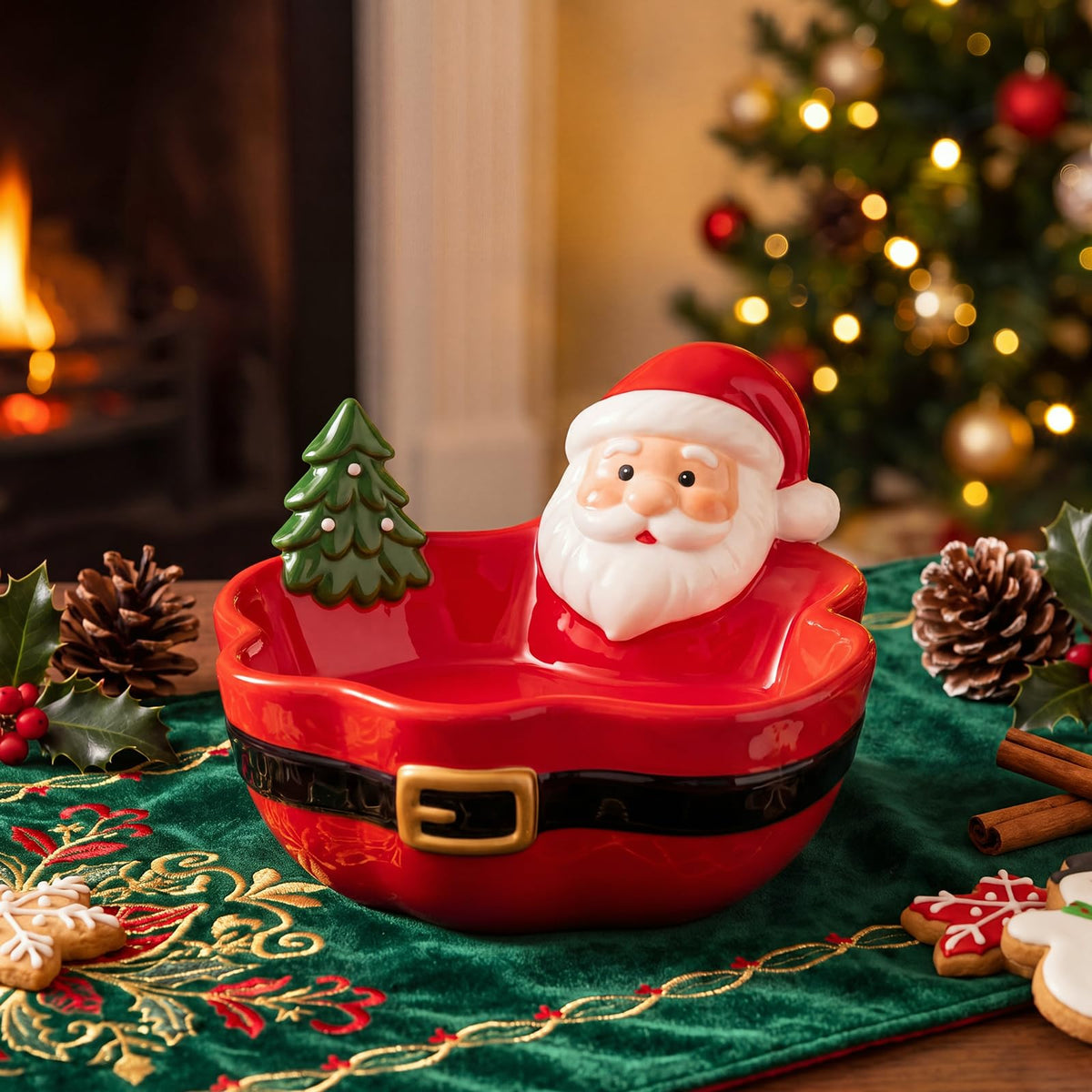 Vesici Santa Claus Candy Bowl, Ceramic Snack Dish, Red