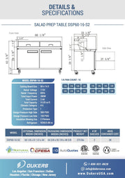 14.3 cu. ft. 2-Door 60" Commercial Food Salad/Sandwich Prep Table Refrigerator in Stainless Steel by Dukers – (W x D x H): 60″ x 31 1/2″ x 45 5/8″, Model DSP60-16-S2