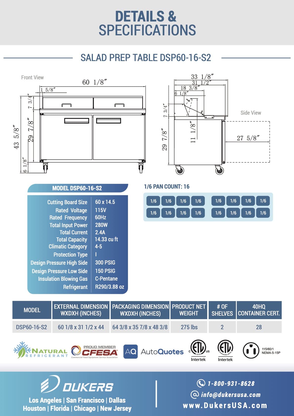 14.3 cu. ft. 2-Door 60" Commercial Food Salad/Sandwich Prep Table Refrigerator in Stainless Steel by Dukers – (W x D x H): 60″ x 31 1/2″ x 45 5/8″, Model DSP60-16-S2