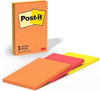 Post-it Notes, 3 Lined Sticky Notes Pads, 4 x 6 in., School Supplies and Oﬃce Supplies, Sunburst Collection (Pack of 5)