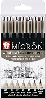 SAKURA Pigma Micron Fineliner Pens Set of 6 + Brush Pen | Waterproof, Permanent Black Ink | Pens for Writing, Drawing & Journaling