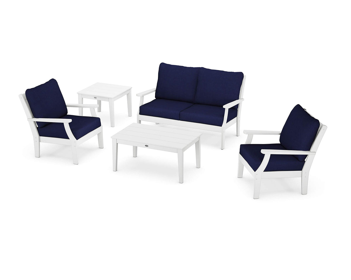 ® Braxton 5-Piece Deep Seating Set in White/Navy by Polywood – High Density Polyethylene, White / Navy, Model PWS487-2-WH5439