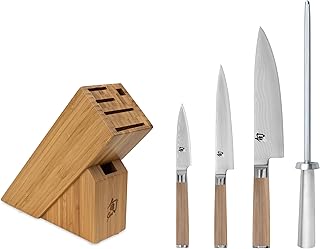 Shun Classic Blonde 5 Piece Starter Block Set, Includes 8" Chef, 3.5" Paring & 6" Utility Knives, Handcrafted Japanese Knife Block Set, Damascus Stainless Steel Cladding, Pakkawood Handle