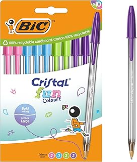 BIC Cristal Fun Coloured Ballpoint Pens with Wide Tip (1.6mm) - Assorted Colours (Pack of 10)