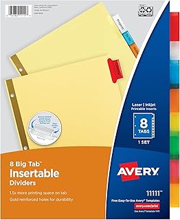 Avery Insertable Dividers for 3 Ring Binders, 8 Tabs per Set, Multicolor Big Tabs, Buff Paper with Gold-Reinforced Holes, Great for Organizing Reports, Projects, and More (11111)