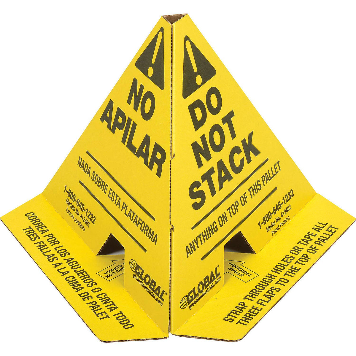 Trilingual "Do Not Stack" Printed Pallet Cones by Global Industrial – 8 x 8 x 10, Corrugated Cardboard, Yellow, Model 412402