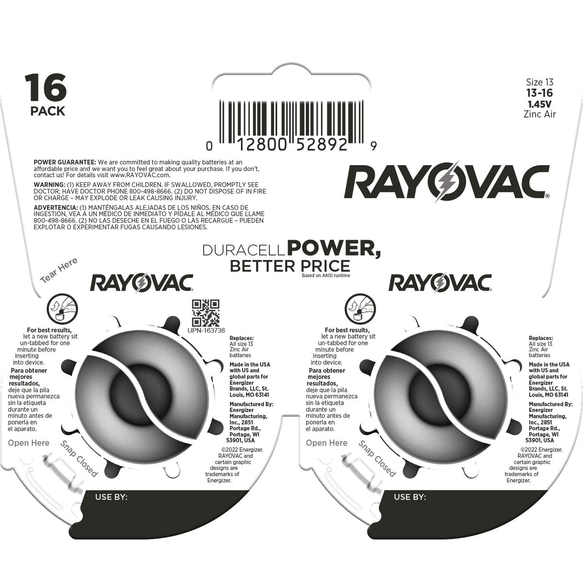 Size 13 Hearing Aid Batteries (16 Pack) by Rayovac – 16 Count, Plastic, Orange Tab, Model L13ZA-16ZM