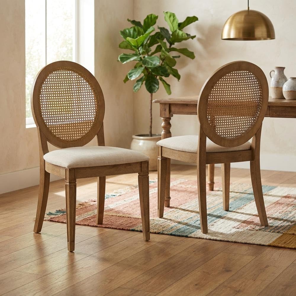 Brown 2-Piece Cane-Back Dining Chair Set with Upholstered Seats by Furnifact – Rubberwood 85.00%,Paper Rattan 5.00%,Foam 5.00%,Fabric 5.00%, Brown, Pack of 2