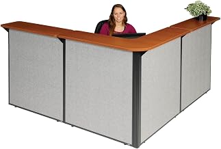 Global Industrial 80" W x 80" D x 44" H L-Shaped Reception Station, Cherry Counter/Gray Panel