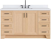 ARIEL Taylor 60-inch Bathroom Vanity with Sink,Solid Wood, 1.5-inch Pure White Quartz Countertop, Single Rectangular Porcelain Sink, Soft Closing Doors, Dovetail Drawers, Natural Oak