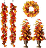 Glitzhome 2Pcs Fall Lighted Maple Trees with 2Pcs Fall Garlands & 1Pc Pre-Lit Fall Maple Leaves Wreath, Artificial Tree Urn Potted Porch Tree with Warm White LED Lights for Front Door Decoration