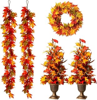 Glitzhome 2Pcs Fall Lighted Maple Trees with 2Pcs Fall Garlands & 1Pc Pre-Lit Fall Maple Leaves Wreath, Artificial Tree Urn Potted Porch Tree with Warm White LED Lights for Front Door Decoration