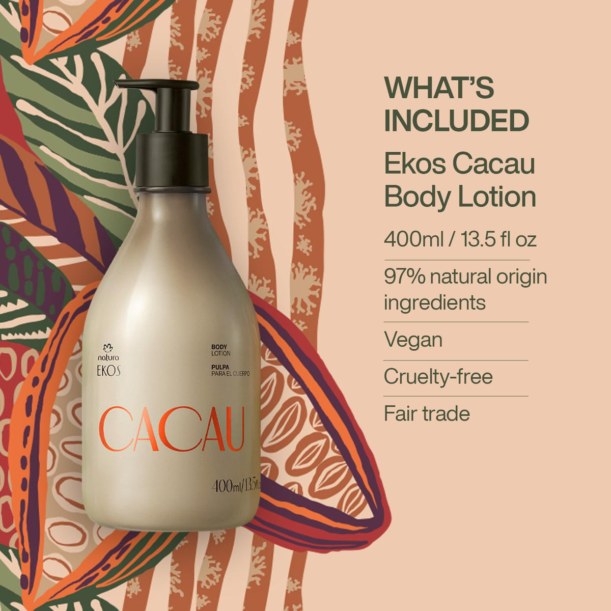 Ekos Cacau Collagen Boosting Body Lotion - Vegan Skin Care - Moisturize & Firm Skin Texture - Boost Collagen Production - Brazilian Beauty Secrets - Self Care & Body Care - 13.5