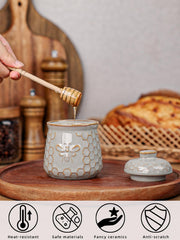 Quxija Ceramic Honey Pot with Dipper and Lid, 10oz, Vintage Grey