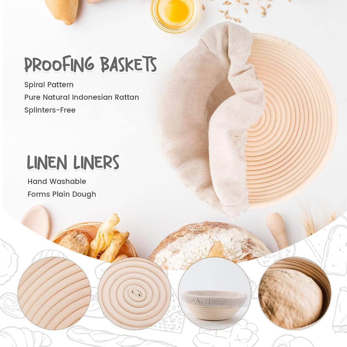 DOYOLLA Proofing Baskets, 8.5 Inch Round Rattan Set, Beige