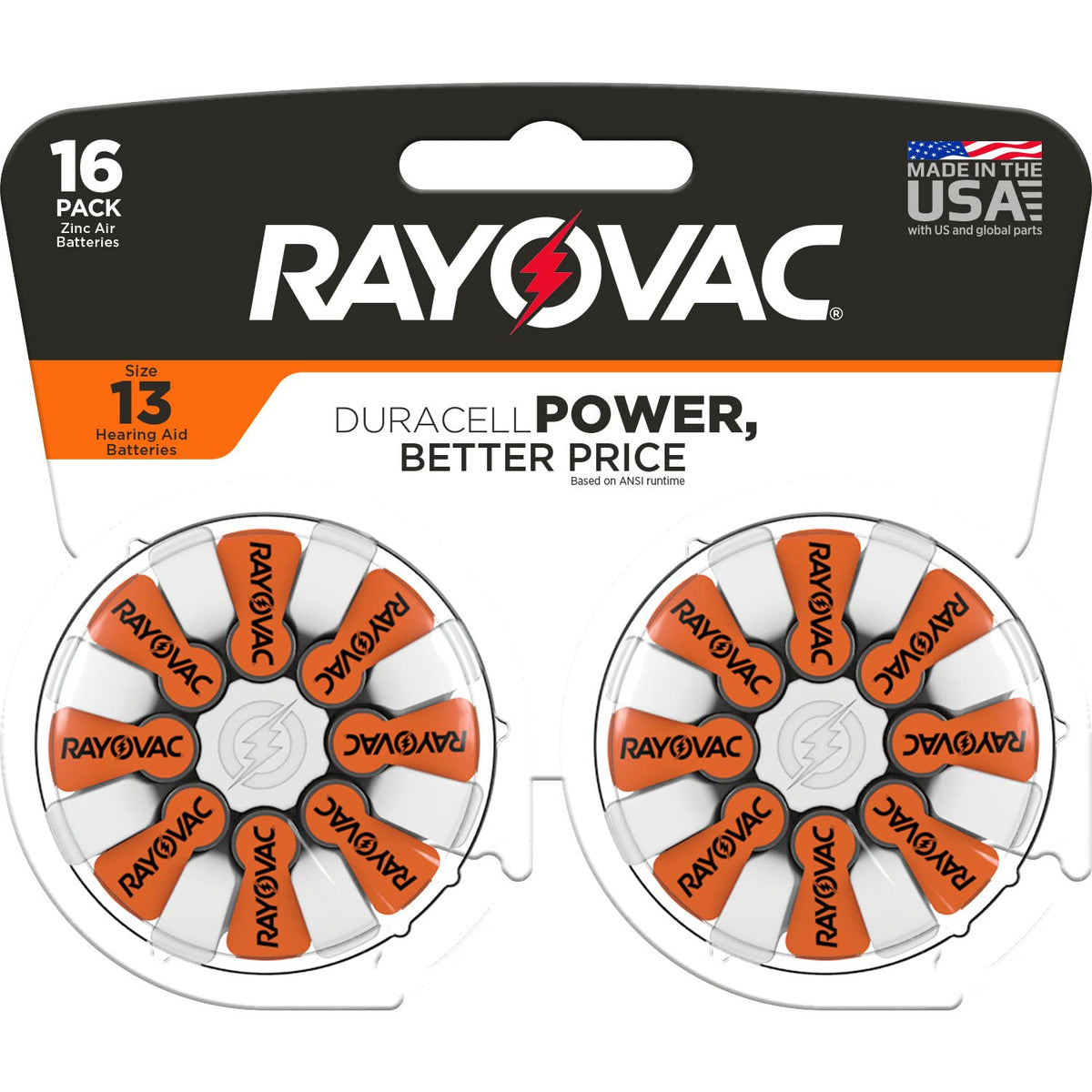 Size 13 Hearing Aid Batteries (16 Pack) by Rayovac – 16 Count, Plastic, Orange Tab, Model L13ZA-16ZM