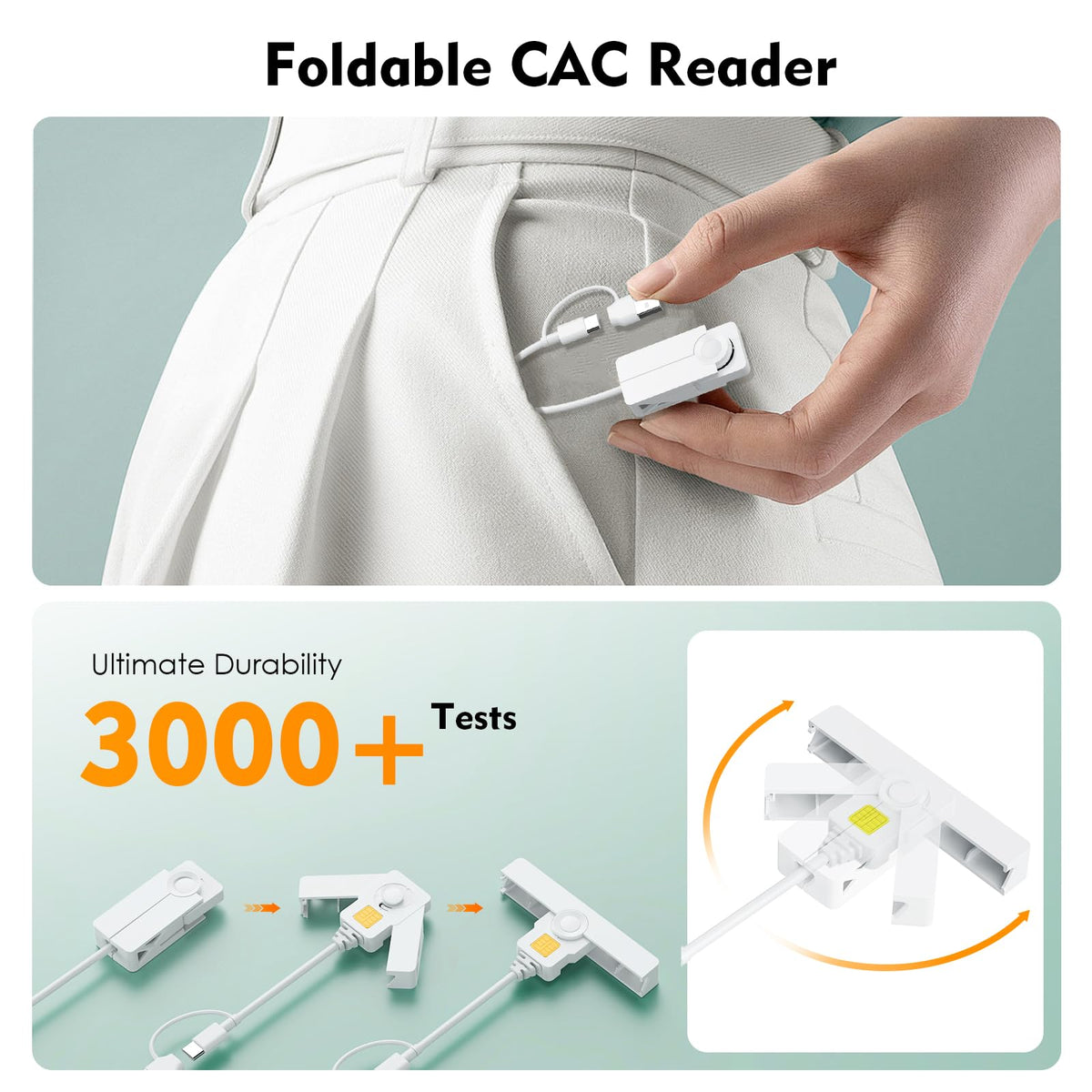 CAC Reader with 2 in 1 USB/Type C Dual Connector by Rocketek – Mini, White-335EN