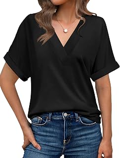 Womens Summer V-Neck Tees 2026- Lightweight Short Sleeve Tops with Soft Stretch | Trendy Casual T-Shirts for Spring & Summer
