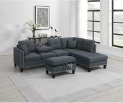 Living Room Furniture 3-PCS Sectional Sofa Set with Chaise and Storage Ottoman - Charcoal Linen-Like Fabric Couch