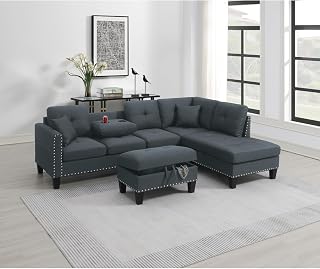 Living Room Furniture 3-PCS Sectional Sofa Set with Chaise and Storage Ottoman - Charcoal Linen-Like Fabric Couch
