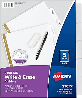 Avery Big Tab Write & Erase Dividers, 5-Tab, White, 1 Set