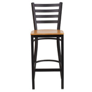 2 Pack HERCULES Series Black Ladder Back Metal Restaurant Barstool - Natural Wood Seat by Flash Furniture – Set of 2, Steel, Plywood, Model 2-XU-DG697BLAD-BAR-NATW-GG