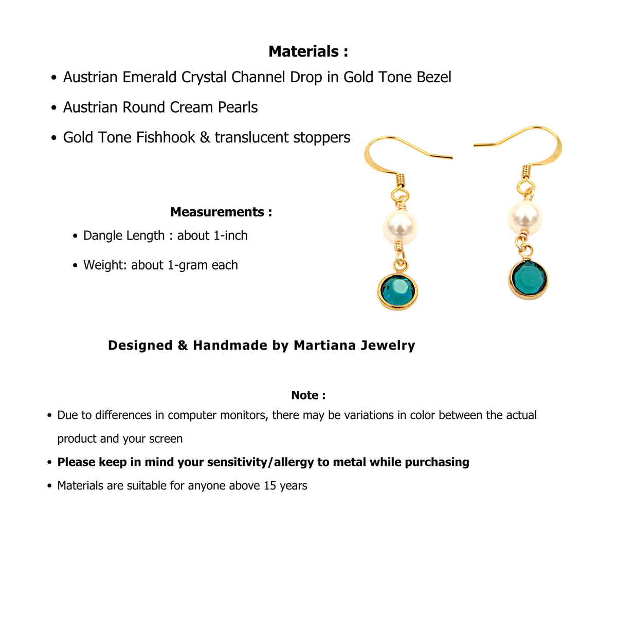 Crystal Channel Drop Dangle Earring - Emerald Color by Martiana Jewelry – 1 inch, Crystal, Pearl, Gold Tone Ear Hook, Emerald Color, Model MJ-E109